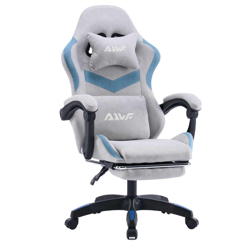 Fotel gamingowy z podnóżkiem zamszowy materiałowy krzesło dla gracza biurowy ergonomiczny szaro-niebieski Empo