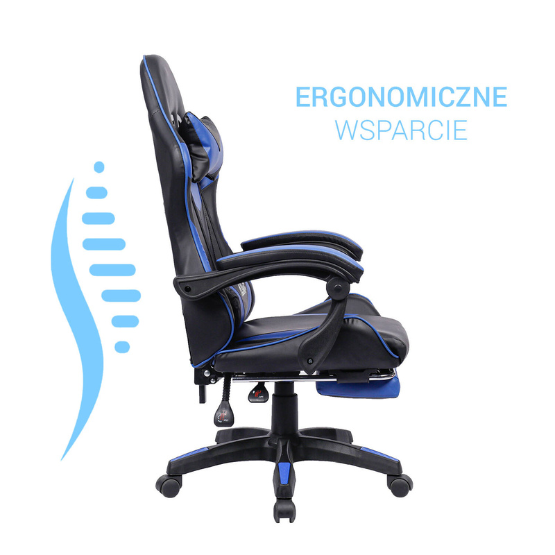 Fotel gamingowy z podnóżkiem krzesło dla gracza biurowy ergonomiczny czarno-niebieski Sienna