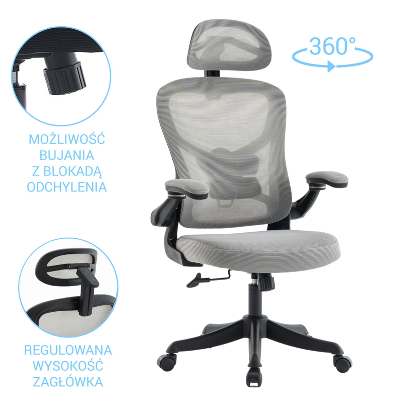 Fotel biurowy ergonomiczny obrotowy siateczkowy bujany krzesło szary Prime