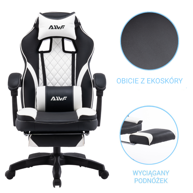 Fotel gamingowy z podnóżkiem ekoskóra krzesło dla gracza biurowy ergonomiczny czarno-biały Champion
