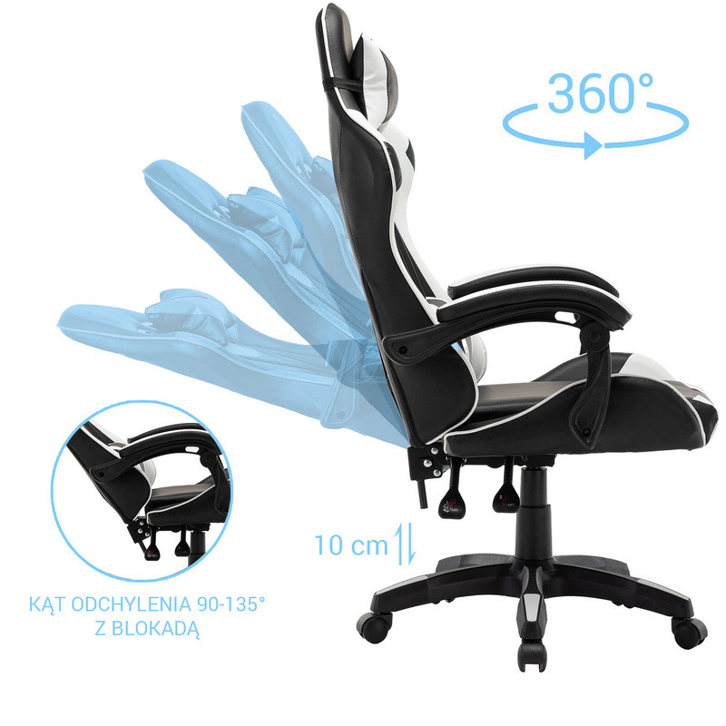 Fotel gamingowy krzesło dla gracza kubełkowy biurowy obrotowy czarno-biały Vito