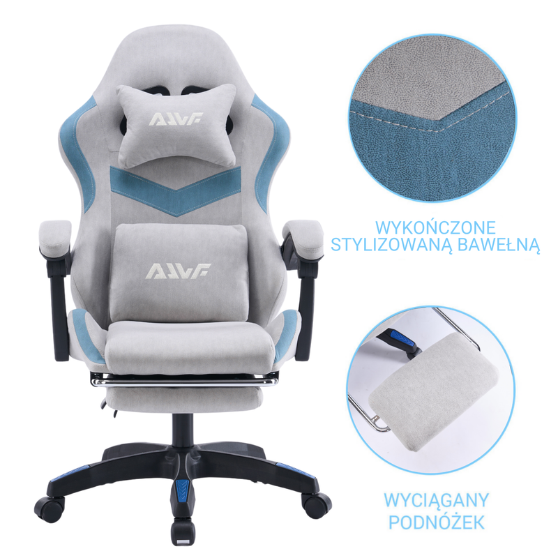 Fotel gamingowy z podnóżkiem zamszowy materiałowy krzesło dla gracza biurowy ergonomiczny szaro-niebieski Empo
