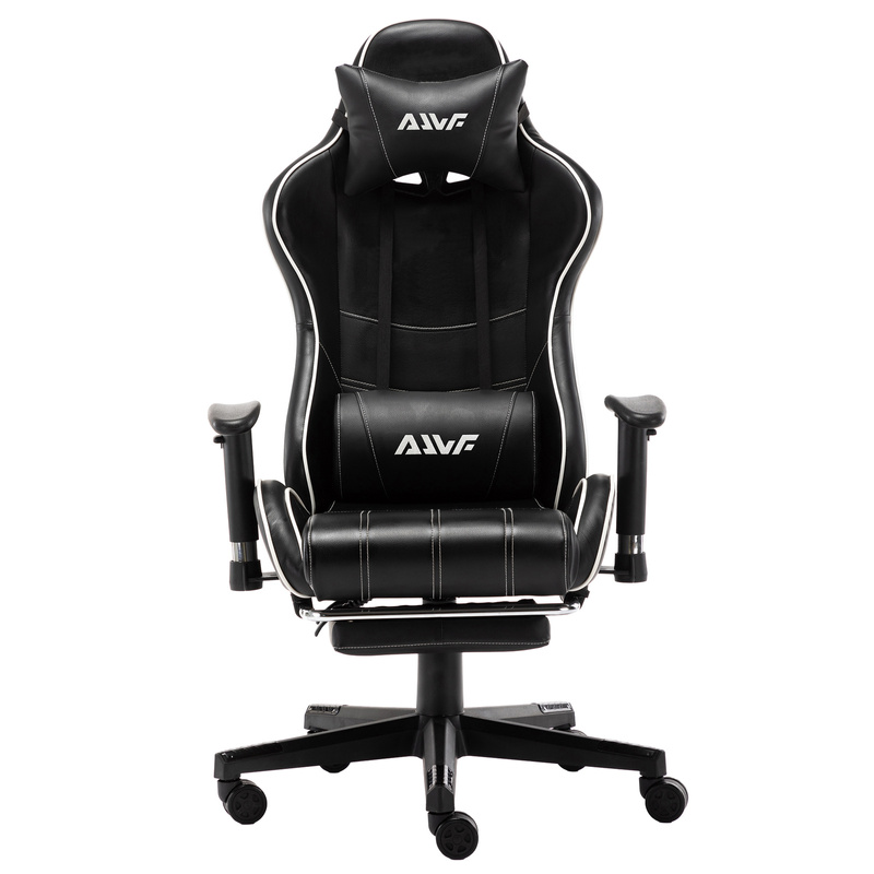 Fotel dla gracza gamingowy ergonomiczny kubełkowy krzesło z podnóżkiem czarno-biały Corpo