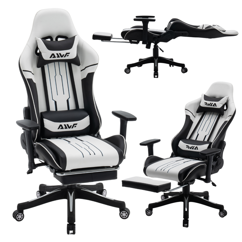 Fotel dla gracza gamingowy ergonomiczny krzesło z podnóżkiem biało-czarny Cyber