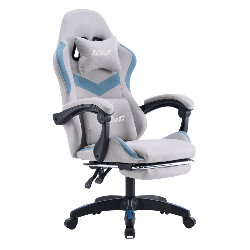 Fotel gamingowy z podnóżkiem zamszowy materiałowy krzesło dla gracza biurowy ergonomiczny szaro-niebieski Empo