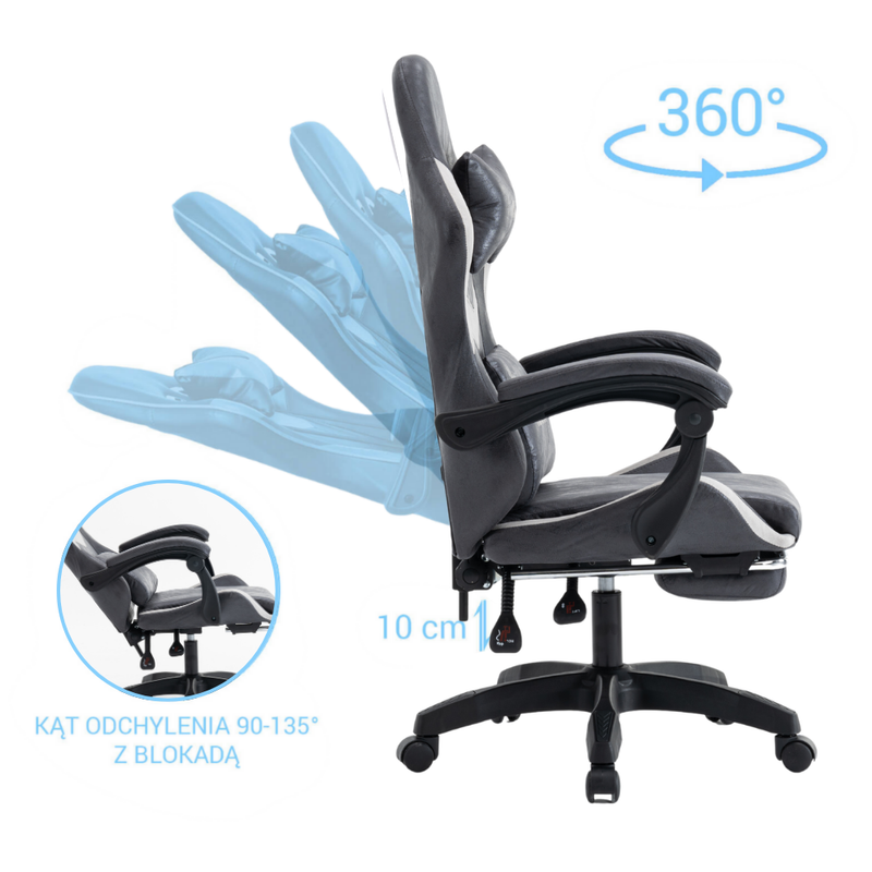 Fotel gamingowy z podnóżkiem ekoskóra krzesło dla gracza biurowy ergonomiczny czarno-szary Empo