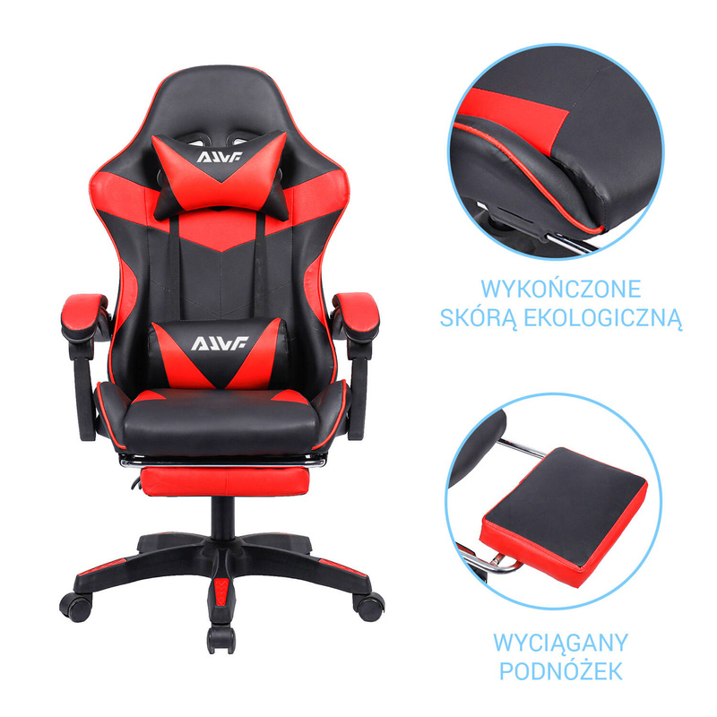 Fotel gamingowy krzesło dla gracza ergonomiczny kubełkowy z podnóżkiem biurowy czarno-czerwony Sienna