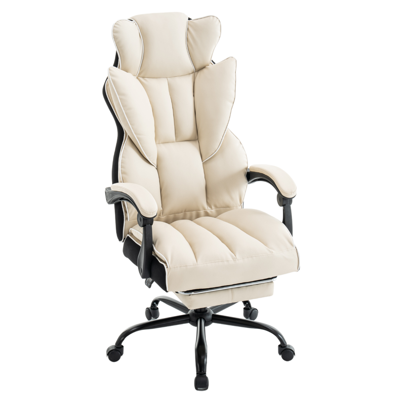 Fotel biurowy ergonomiczny obrotowy krzesło z podnóżkiem beżowo-biały Premium