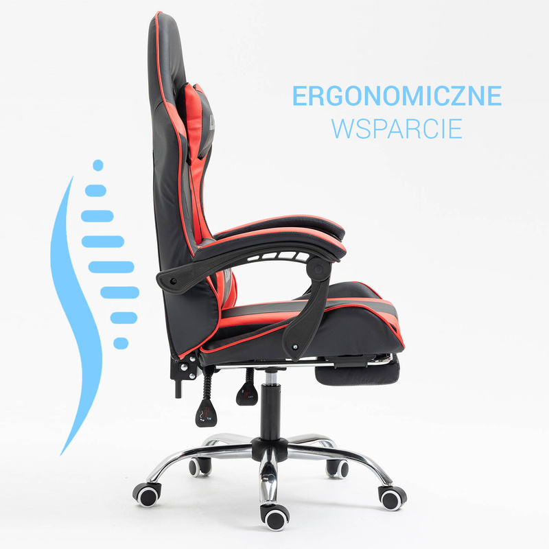 Fotel dla gracza ergonomiczny gamingowy obrotowy krzesło z podnóżkiem czerwono-czarny Boss