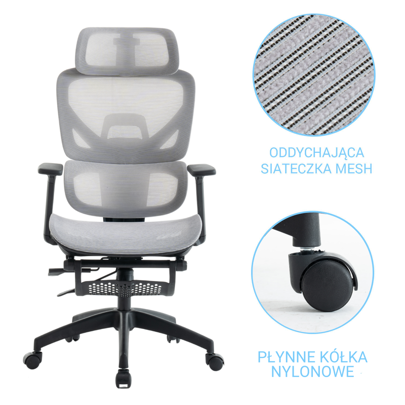 Fotel biurowy z podnóżkiem ergonomiczny obrotowy regulowany siateczkowy krzesło szaro-czarny Future