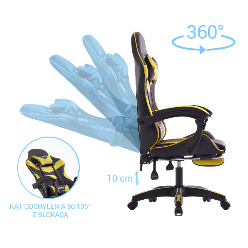 Fotel dla gracza gamingowy biurowy ergonomiczny z podnóżkiem krzesło obrotowe żółto-czarny Sienna