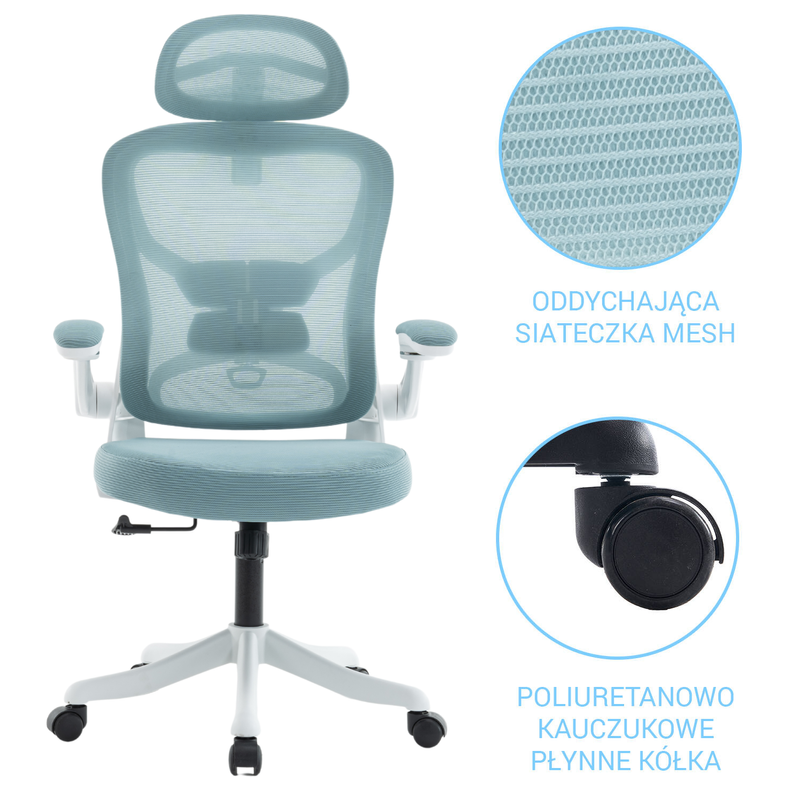 Fotel biurowy ergonomiczny obrotowy siateczkowy bujany krzesło błękitno-biały Prime