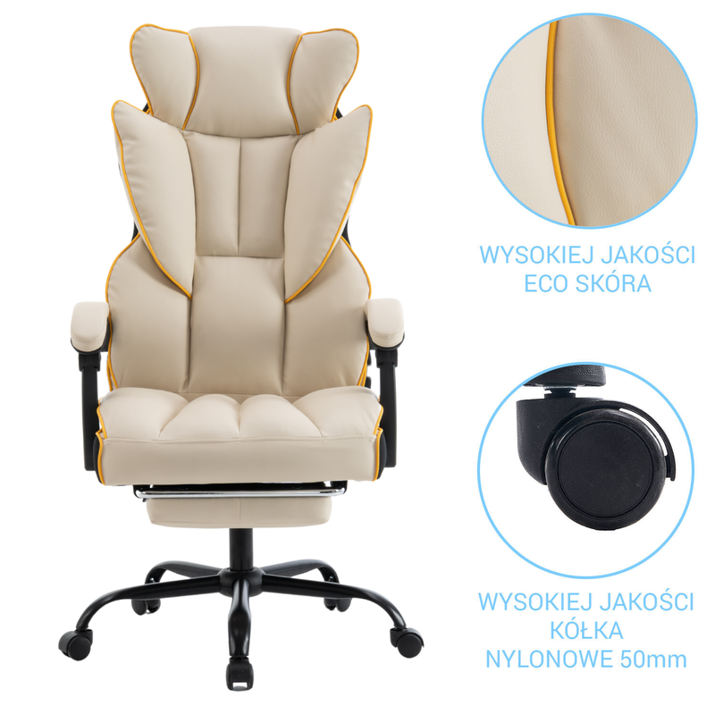Fotel biurowy ergonomiczny obrotowy krzesło z podnóżkiem beżowo-złoty Premium