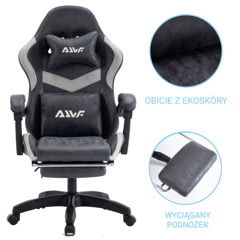 Fotel gamingowy z podnóżkiem ekoskóra krzesło dla gracza biurowy ergonomiczny czarno-szary Empo