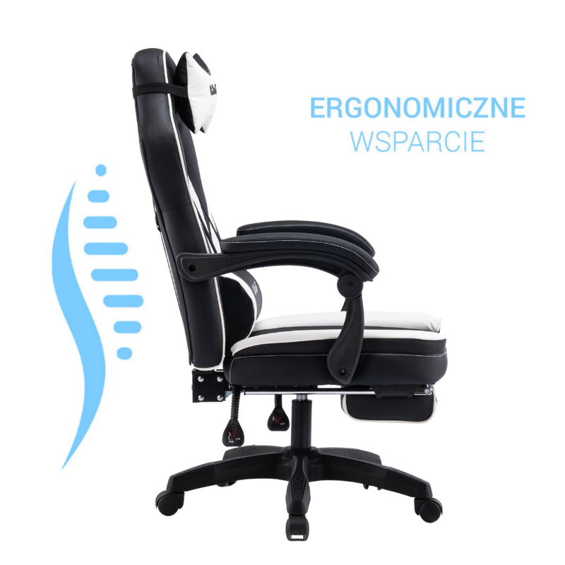 Fotel gamingowy z podnóżkiem ekoskóra krzesło dla gracza biurowy ergonomiczny czarno-biały Champion
