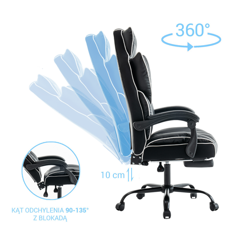 Fotel biurowy ergonomiczny obrotowy krzesło z podnóżkiem czarno-biały Premium