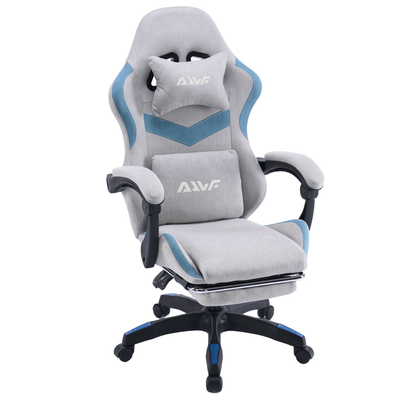 Fotel gamingowy z podnóżkiem zamszowy materiałowy krzesło dla gracza biurowy ergonomiczny szaro-niebieski Empo