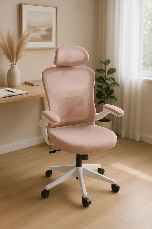 Fotel biurowy ergonomiczny obrotowy siateczkowy bujany krzesło różowo-biały Prime