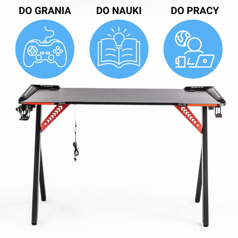 Biurko dla gracza komputerowe gamingowe z podświetleniem LED 120x60 czarno-czerwone Hermes