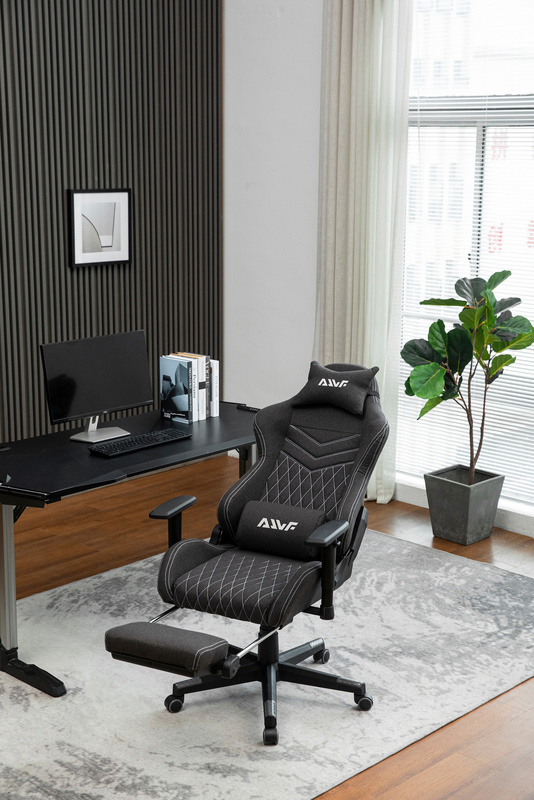 Fotel dla gracza gamingowy kubełkowy materiałowy ergonomiczny krzesło z podnóżkiem czarny Modern