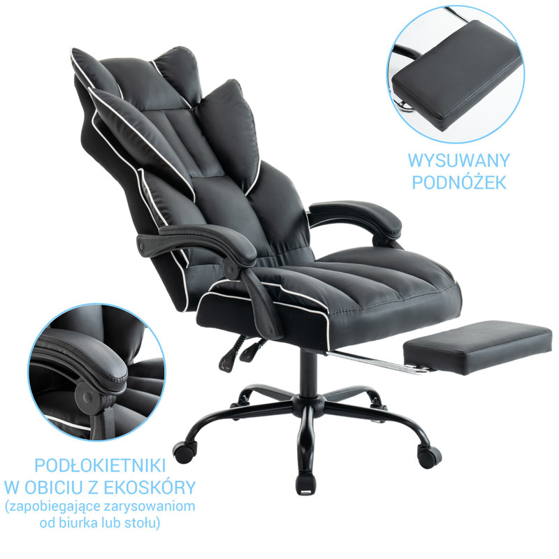 Fotel biurowy ergonomiczny obrotowy krzesło z podnóżkiem czarno-biały Premium