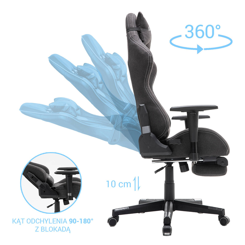 Fotel dla gracza gamingowy kubełkowy materiałowy ergonomiczny krzesło z podnóżkiem czarny Modern