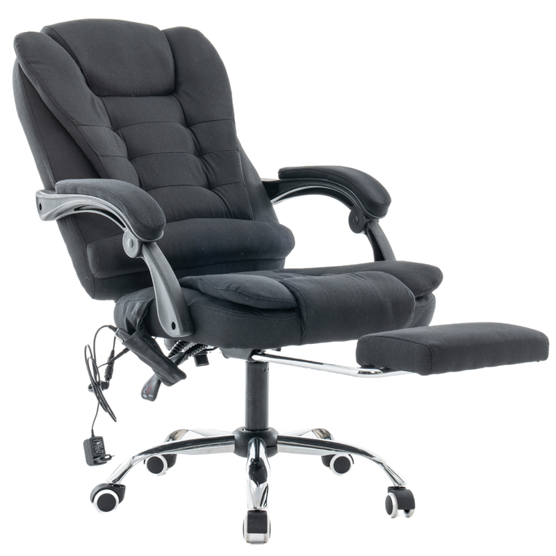 Fotel biurowy materiałowy ergonomiczny obrotowy krzesło z podnóżkiem FUNKCJA MASAŻU czarny Comfort Plus+