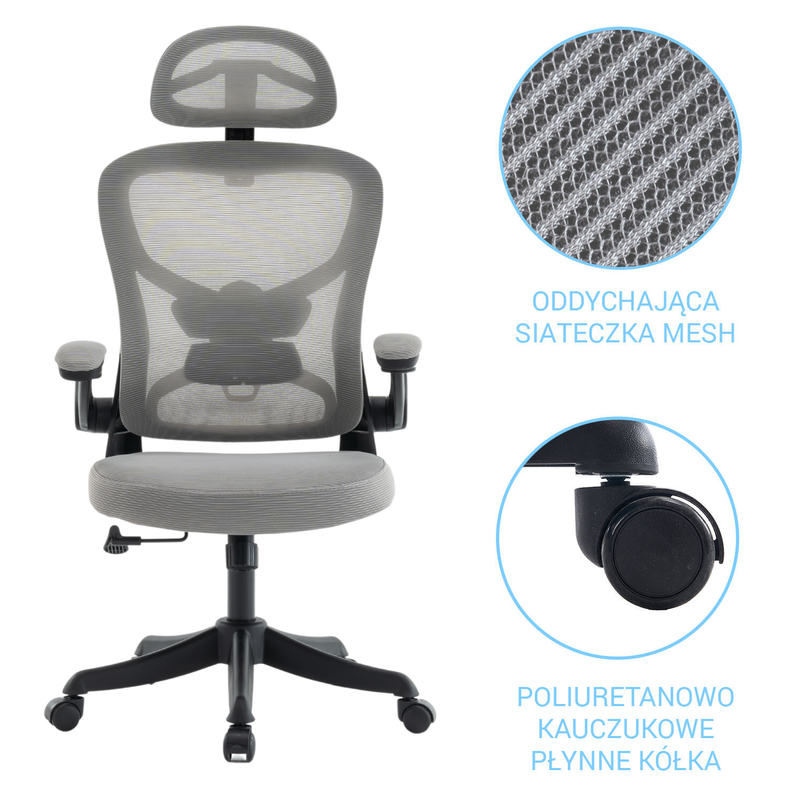 Fotel biurowy ergonomiczny obrotowy siateczkowy bujany krzesło szary Prime