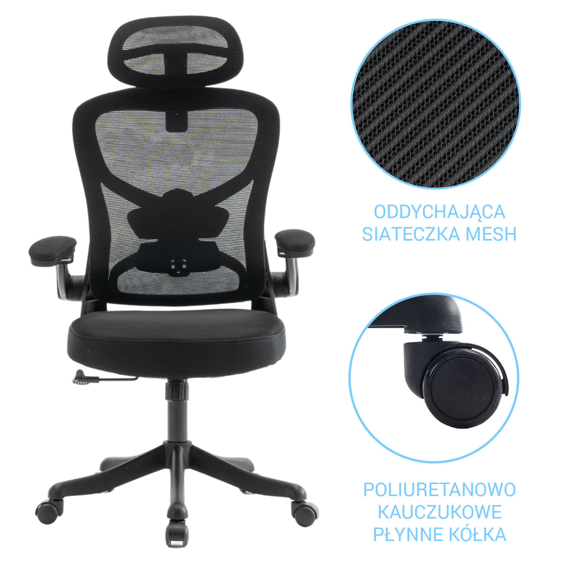 Fotel biurowy ergonomiczny obrotowy siateczkowy bujany krzesło czarny Prime