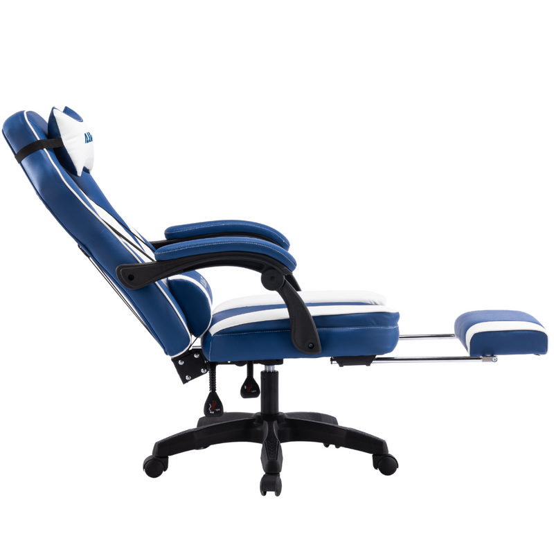 Fotel gamingowy z podnóżkiem ekoskóra krzesło dla gracza biurowy ergonomiczny niebiesko-biały Champion