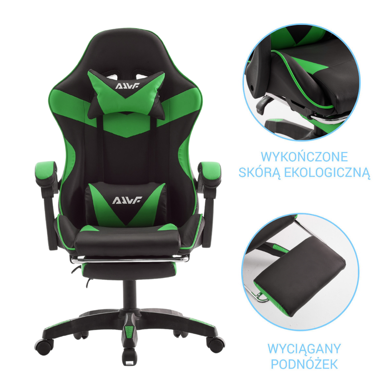Fotel dla gracza gamingowy biurowy ergonomiczny z podnóżkiem krzesło obrotowe zielono-czarny Sienna