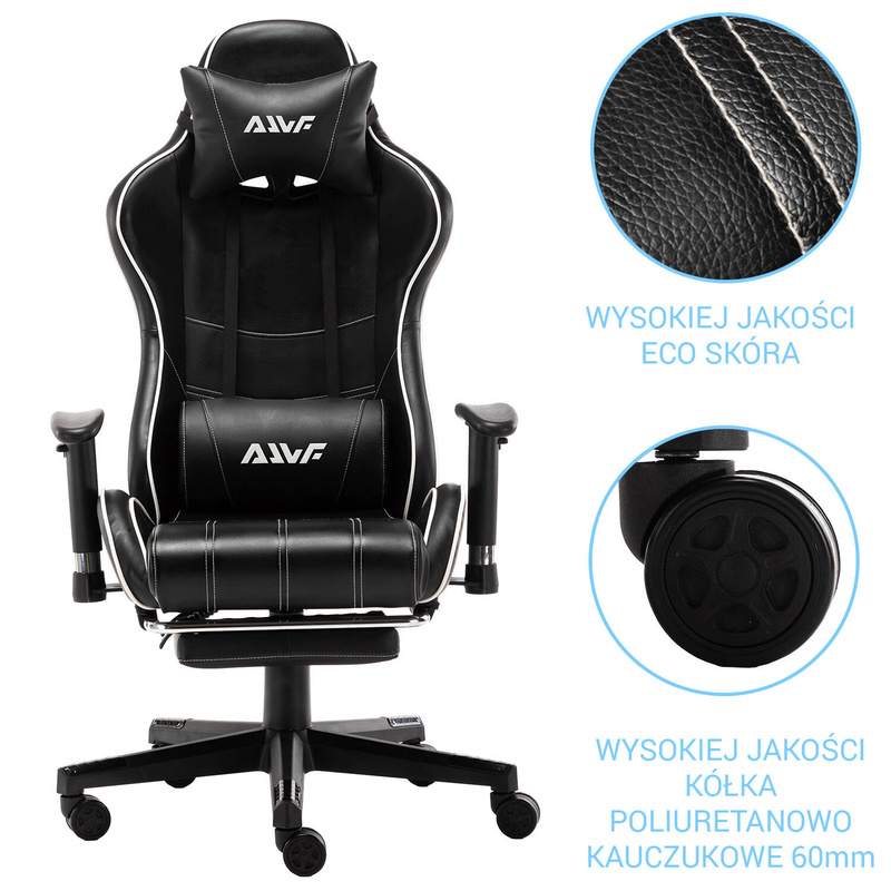 Fotel dla gracza gamingowy ergonomiczny kubełkowy krzesło z podnóżkiem czarno-biały Corpo