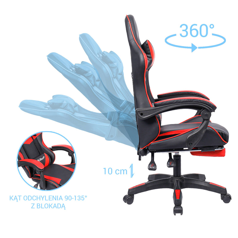 Fotel gamingowy krzesło dla gracza ergonomiczny kubełkowy z podnóżkiem biurowy czarno-czerwony Sienna