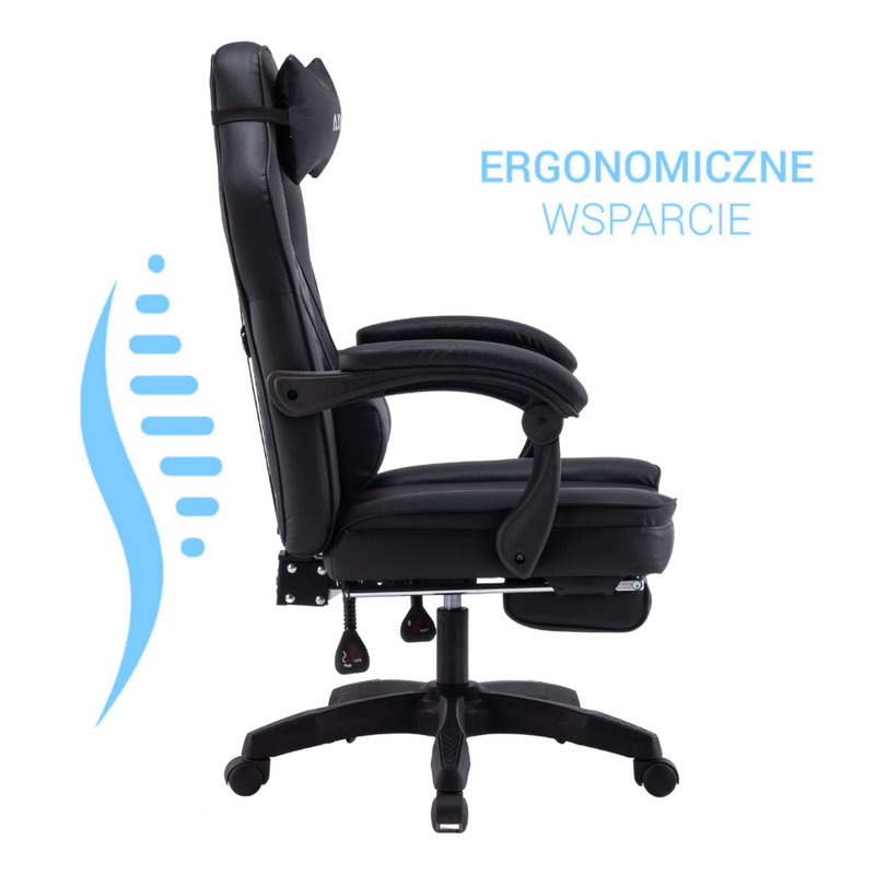 Fotel gamingowy z podnóżkiem ekoskóra krzesło dla gracza biurowy ergonomiczny czarny Champion