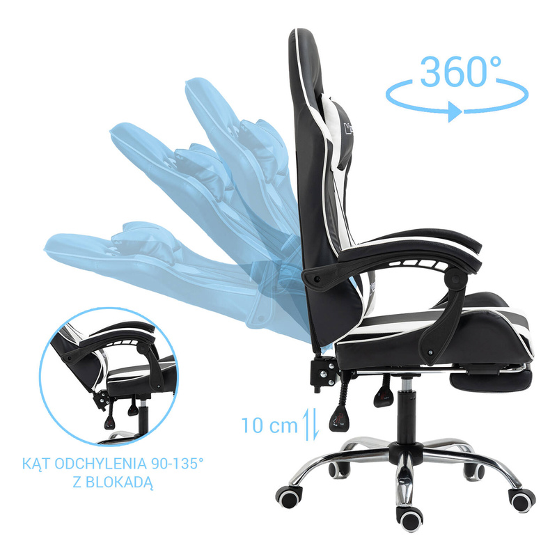 Fotel dla gracza gamingowy obrotowy krzesło z podnóżkiem biało-czarny Boss
