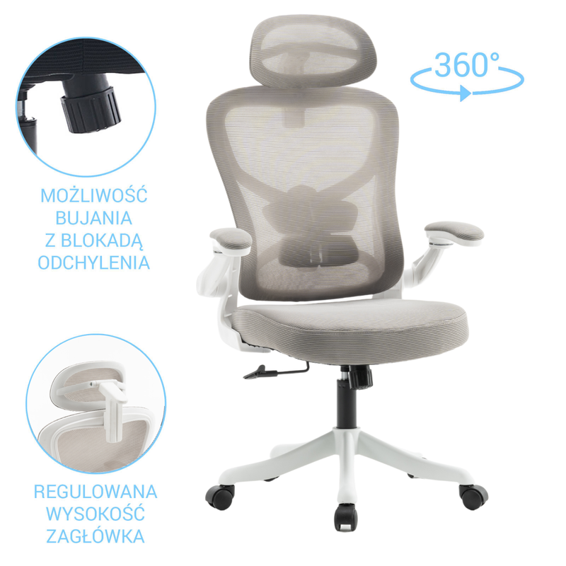 Fotel biurowy ergonomiczny obrotowy siateczkowy bujany krzesło szaro-biały Prime