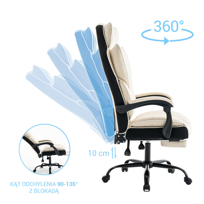 Fotel biurowy ergonomiczny obrotowy krzesło z podnóżkiem beżowo-biały Premium