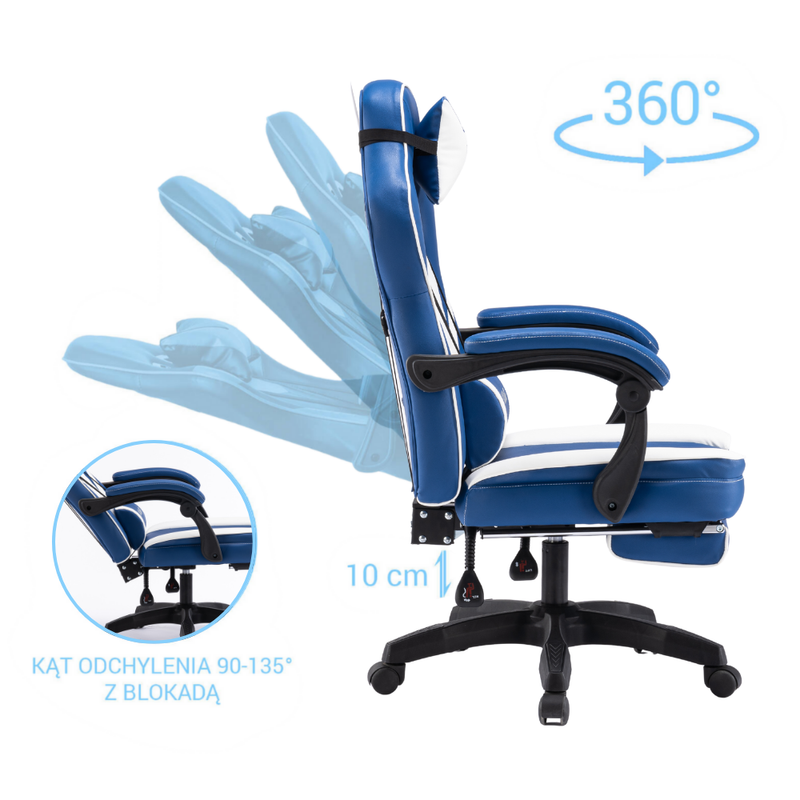 Fotel gamingowy z podnóżkiem ekoskóra krzesło dla gracza biurowy ergonomiczny niebiesko-biały Champion