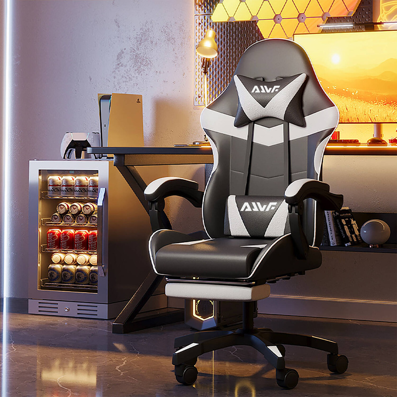 Fotel dla gracza gamingowy krzesło z podnóżkiem ergonomiczny biurowy obrotowy biało-czarny Sienna