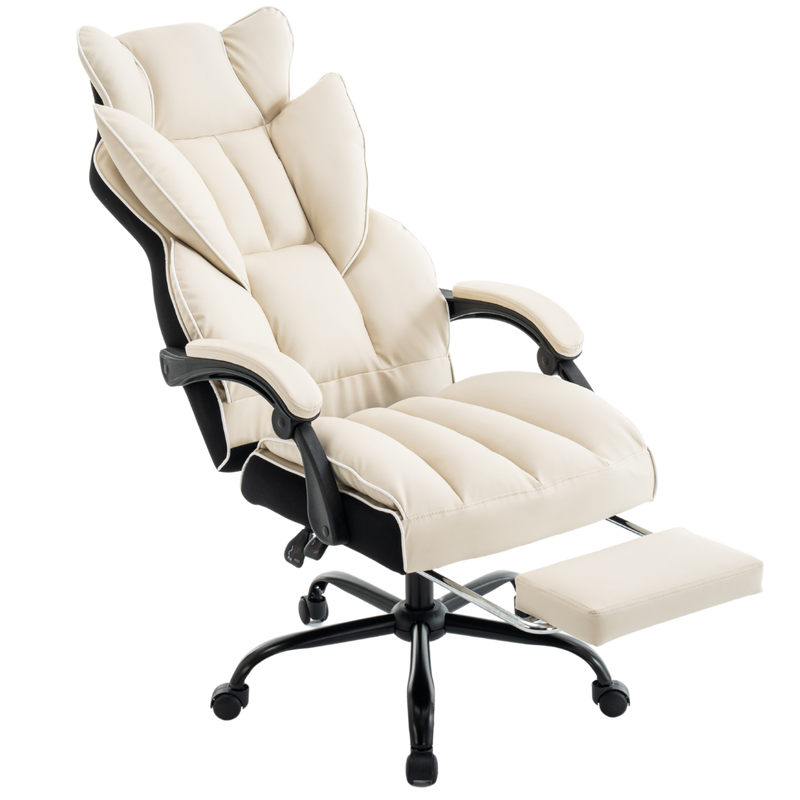 Fotel biurowy ergonomiczny obrotowy krzesło z podnóżkiem beżowo-biały Premium