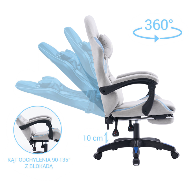 Fotel gamingowy z podnóżkiem zamszowy materiałowy krzesło dla gracza biurowy ergonomiczny szaro-niebieski Empo