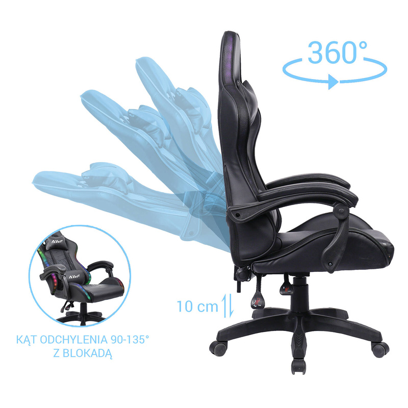 Fotel gamingowy krzesło dla gracza kubełkowy ergonomiczny biurowy czarny LED Funky