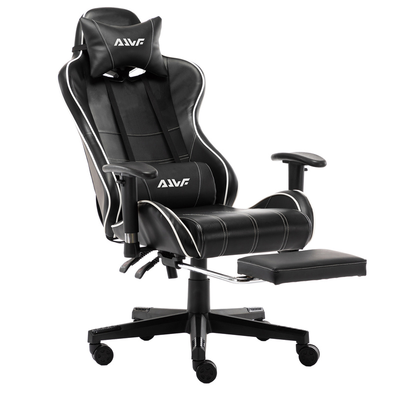 Fotel dla gracza gamingowy ergonomiczny kubełkowy krzesło z podnóżkiem czarno-biały Corpo