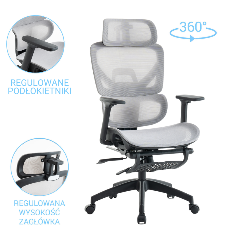 Fotel biurowy z podnóżkiem ergonomiczny obrotowy regulowany siateczkowy krzesło szaro-czarny Future