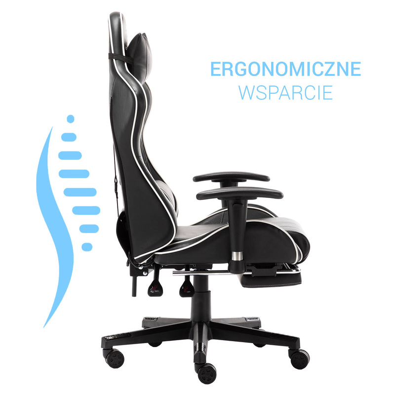 Fotel dla gracza gamingowy ergonomiczny kubełkowy krzesło z podnóżkiem czarno-biały Corpo