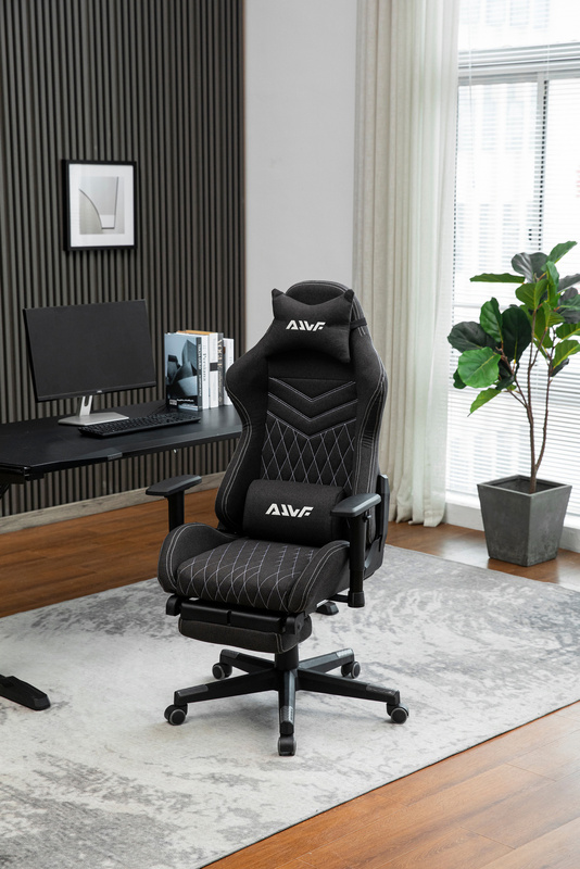 Fotel dla gracza gamingowy kubełkowy materiałowy ergonomiczny krzesło z podnóżkiem czarny Modern