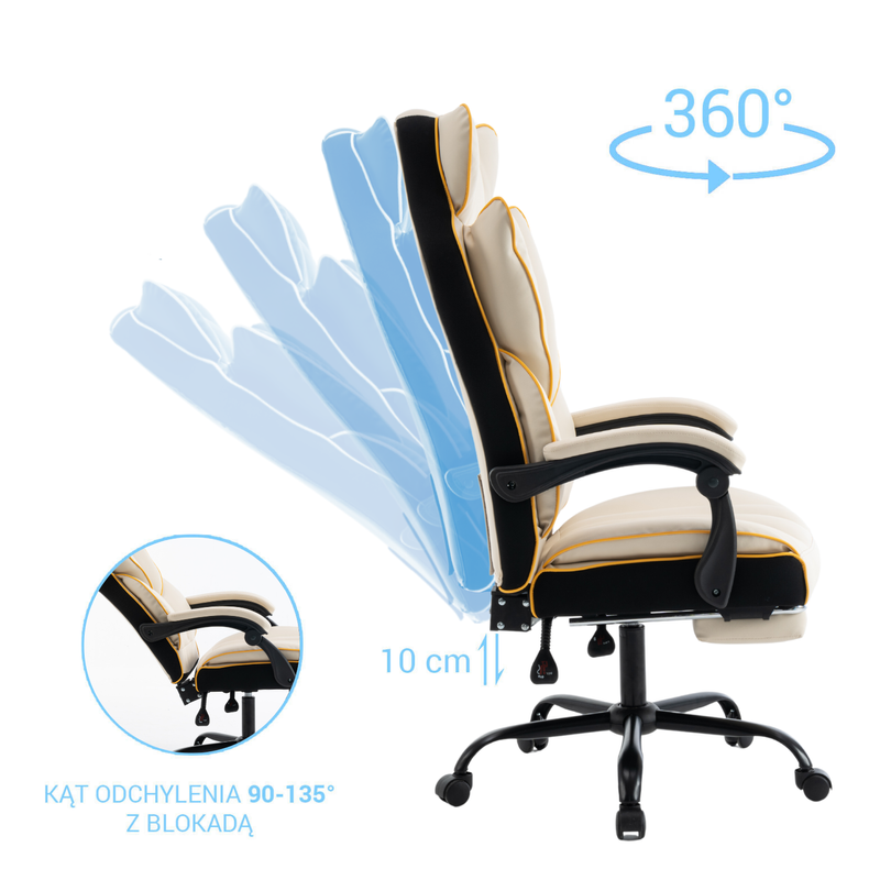 Fotel biurowy ergonomiczny obrotowy krzesło z podnóżkiem beżowo-złoty Premium