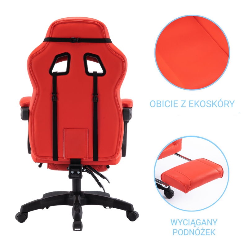 Fotel gamingowy z podnóżkiem ekoskóra krzesło dla gracza biurowy ergonomiczny czerwony Champion