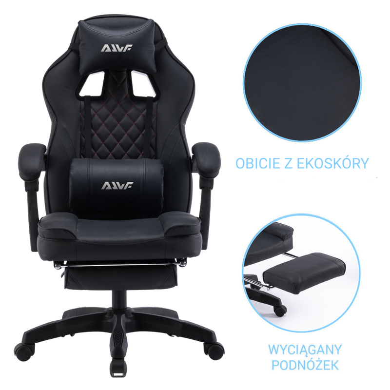 Fotel gamingowy z podnóżkiem ekoskóra krzesło dla gracza biurowy ergonomiczny czarny Champion