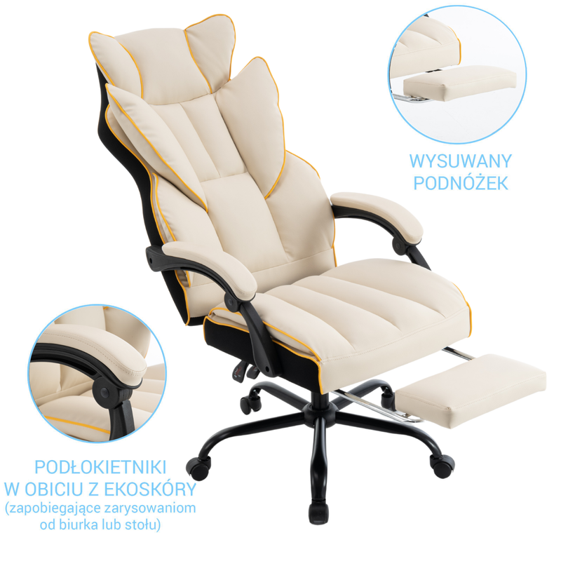 Fotel biurowy ergonomiczny obrotowy krzesło z podnóżkiem beżowo-złoty Premium